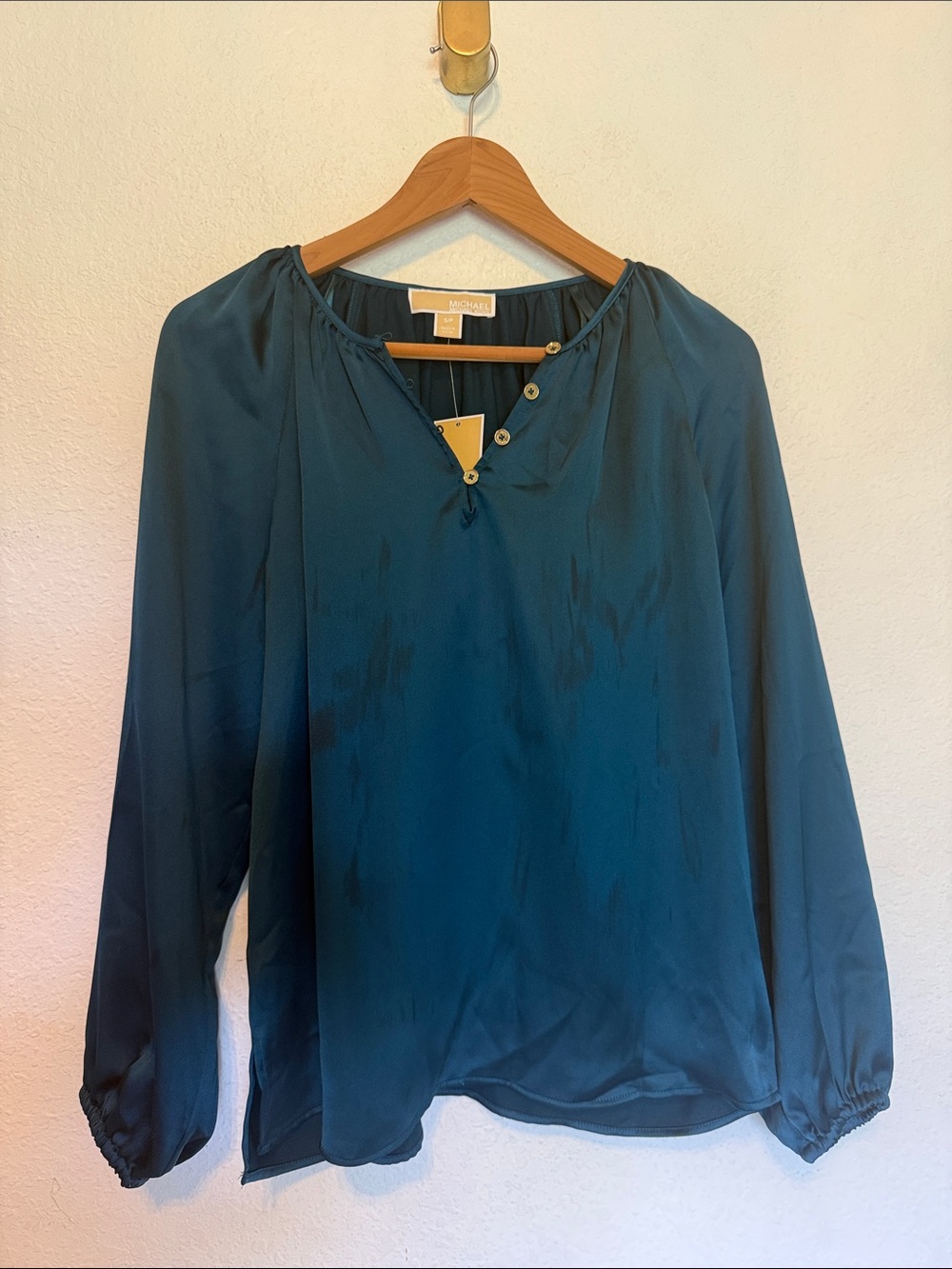 NEW nwt Michael Kors Long Sleeve Blouse Satin Luxe Teal Green Size S